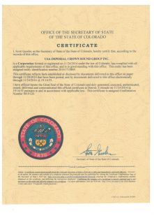 美國(guó)皇冠音響集團(tuán)有限公司 美國(guó)運(yùn)營(yíng)證明